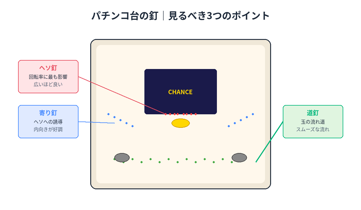 パチンコ台の釘の見方図解｜ヘソ釘・寄り釘・道釘の位置と特徴