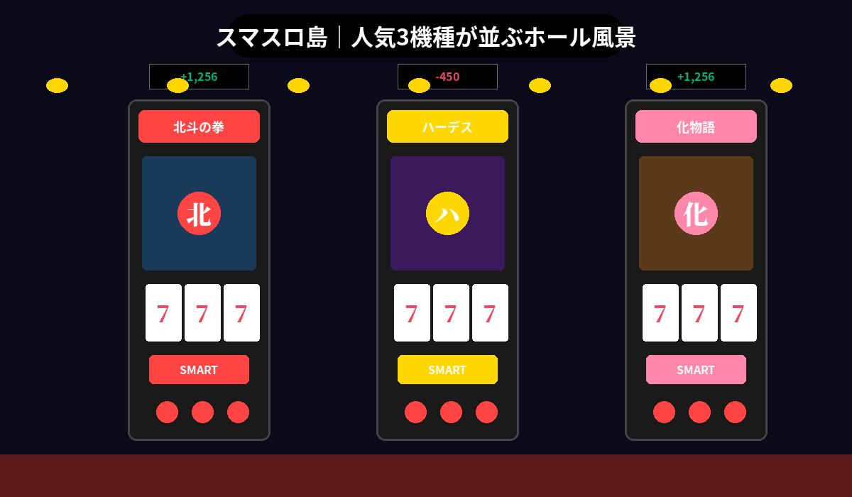スマスロ島｜人気3機種（北斗の拳・ハーデス・化物語）が並ぶホール風景